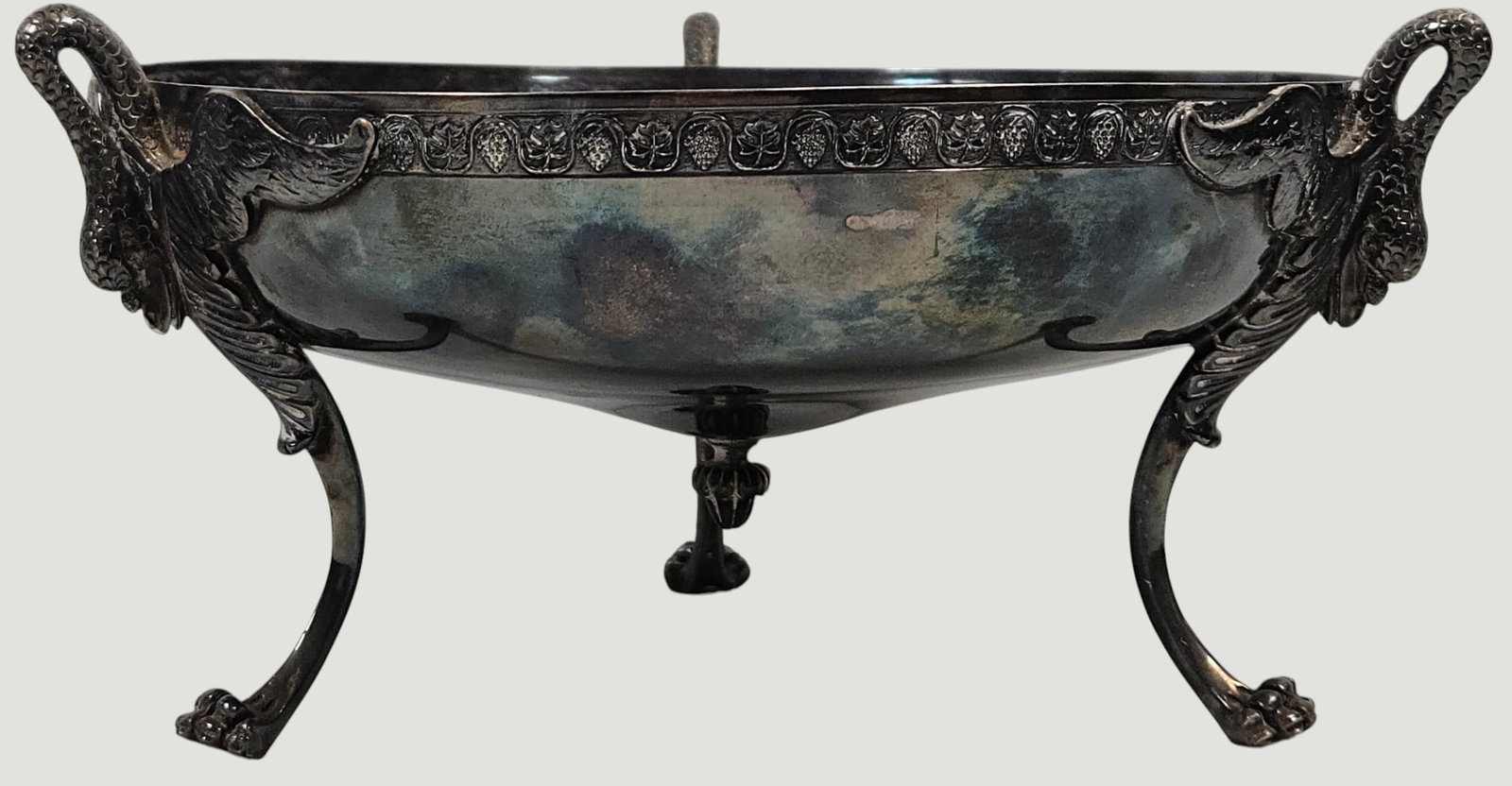 c1900 French Sterling Silver Swan Footed Bowl Henri Lapeyre: Hallmarked Henri Lapeyre (1895-1923) - He entered his mark on the 19th of November 1895 and struck it off on the 30th of March 1923, 49 rue Meslay, Paris. Bowl measures 4 inches high, 8 inches