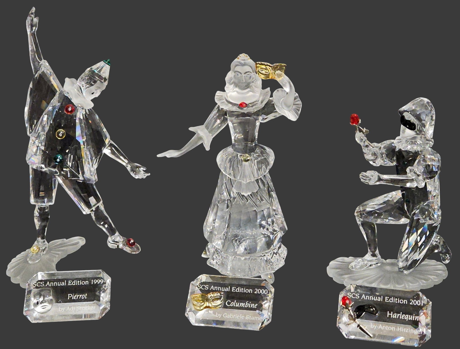 (3) Swarovski SCS Crystal 1999, 2000, & 2001 Masquerade Series: To include 1999 Pierrot, 2000 Columbine, & 2001 Harlequin. Come in original boxes. In excellent condition. Please see our other lots from a huge estate collection of rare and hard to find large