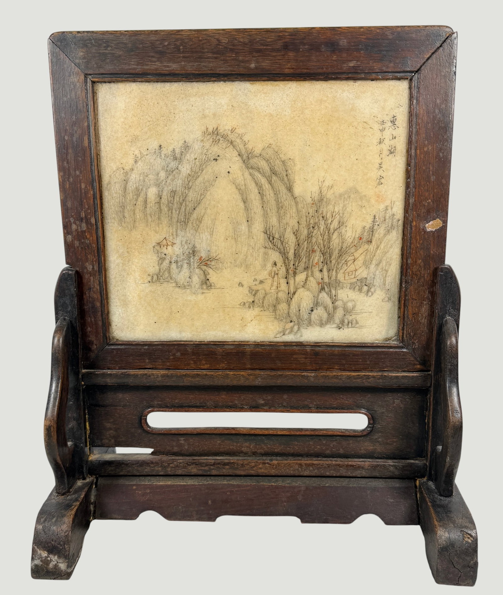 Chinese Republic Period Hand Painted Table Screen: The inset panel depicts a traditional Chinese ink-wash mountain landscape featuring rolling hills, skeletal trees, and a small dwelling. Text reads 'Huishan lake, autumn moon of the Renshen year'. Scr