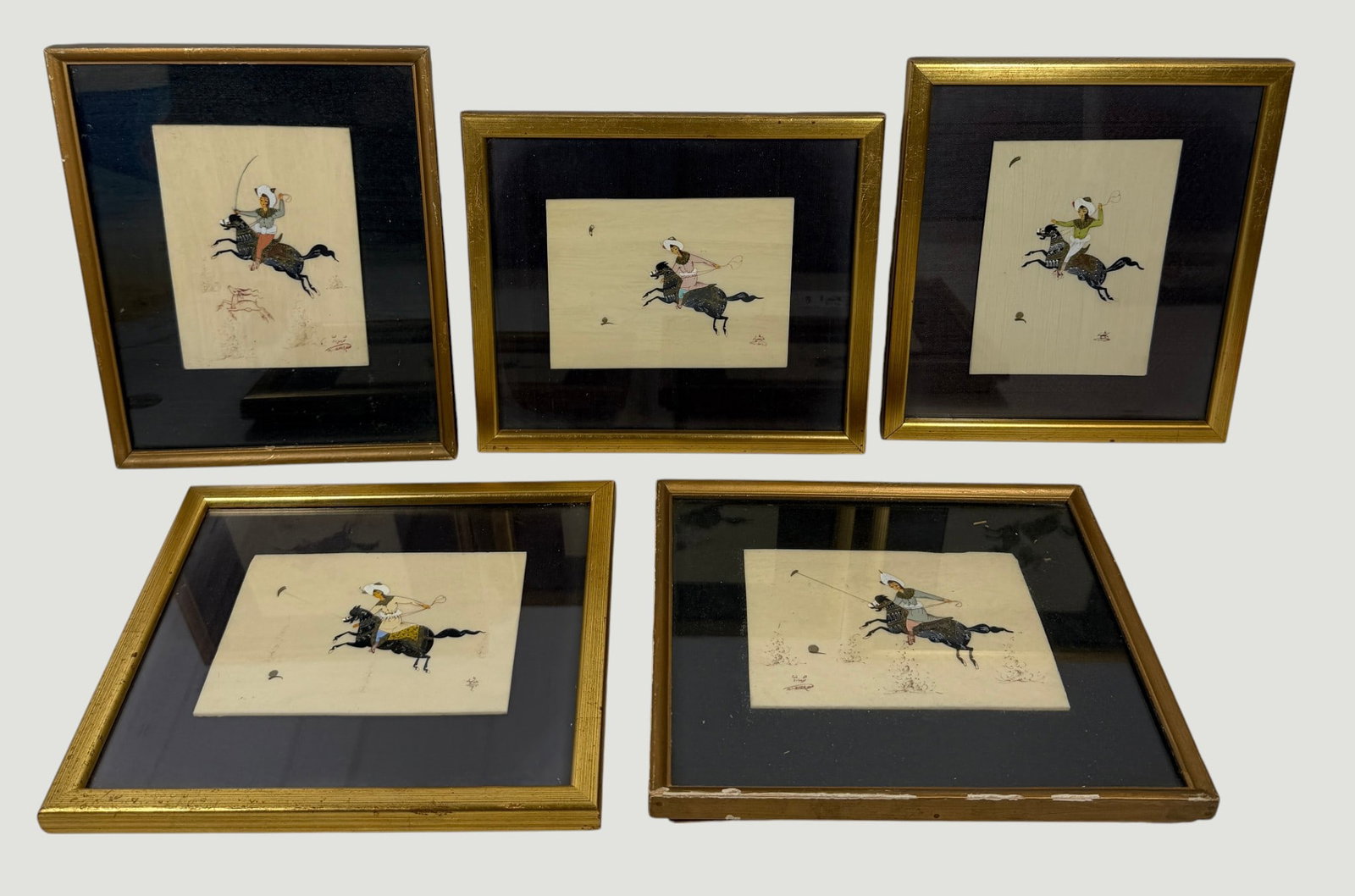 (5) Perisan Miniature Paintings on Bone Equestrian Theme: (5) hand painted tiles, dressed in traditional or aristocratic Persian attire, including large wrapped turban. Framed measures 9.25 x 7.25 inches, bone measures 5.25 x 3.75 inches. Overall good