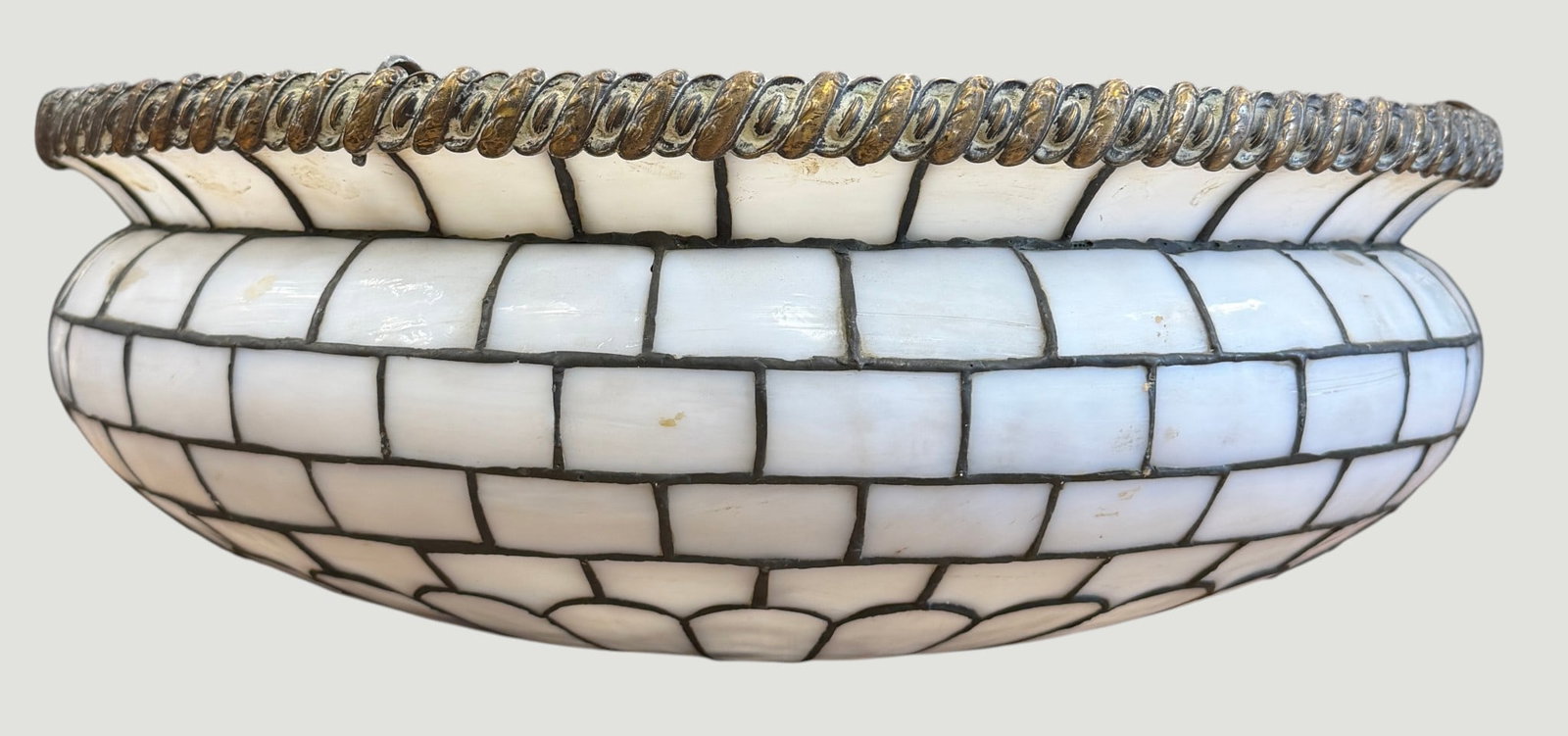 Arts & Crafts Inverted Dome Leaded Glass Hanging Chandelier: Features a classic minimalist white brick geometric tile layout with a decorated metal rope style trim. It measures 20.5 inches wide across the top, 7 inches high. Overall good condition, we do not