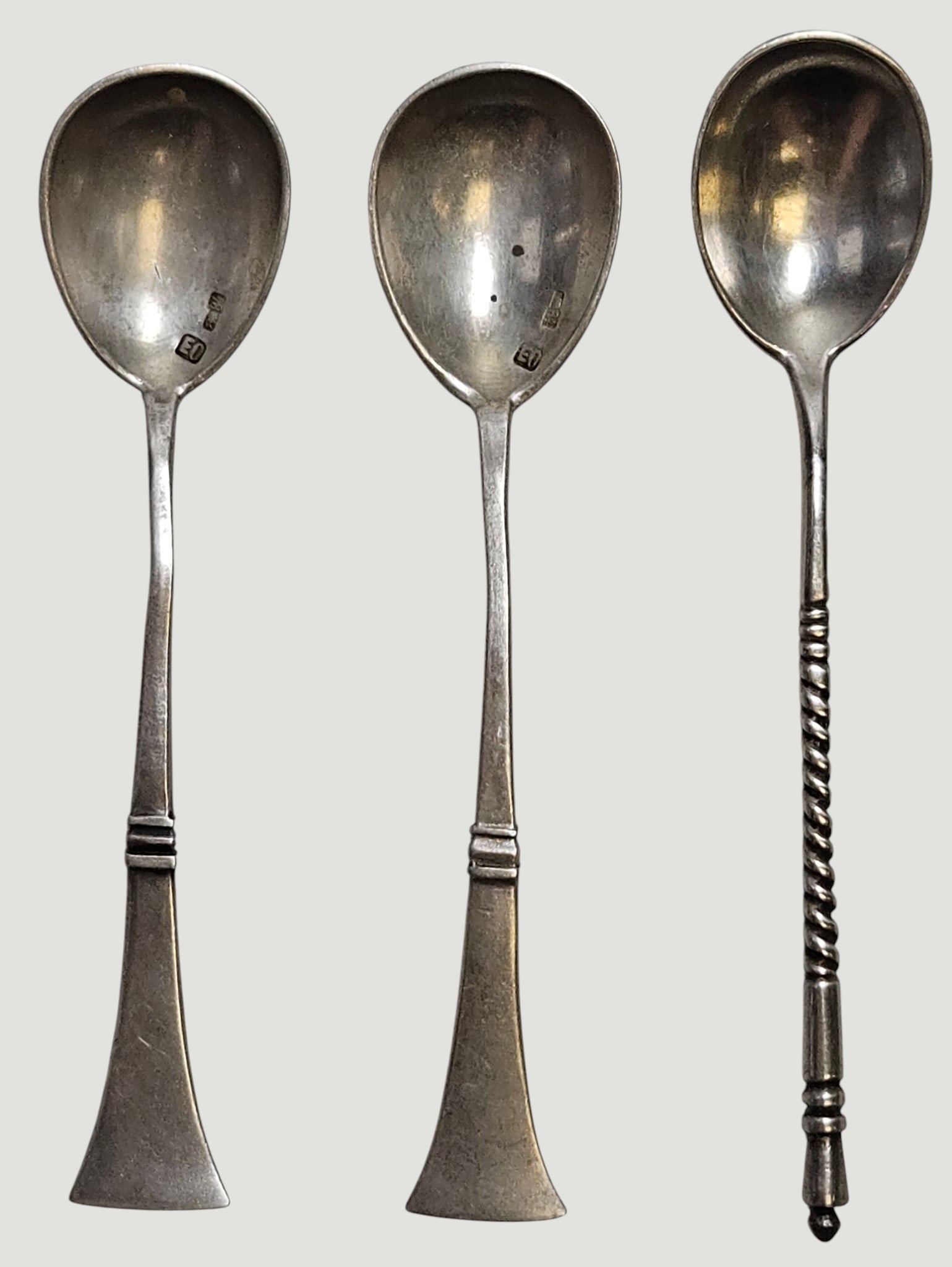 (3) Russian Imperial 84 Silver Demitesse Spoons: Single features a classic barley twist handle, which was common of Russian Imperial flatware. Measures 4 inches long, hallmarked on the side. Pair of spoons featurs a striking, flat triangular flared 