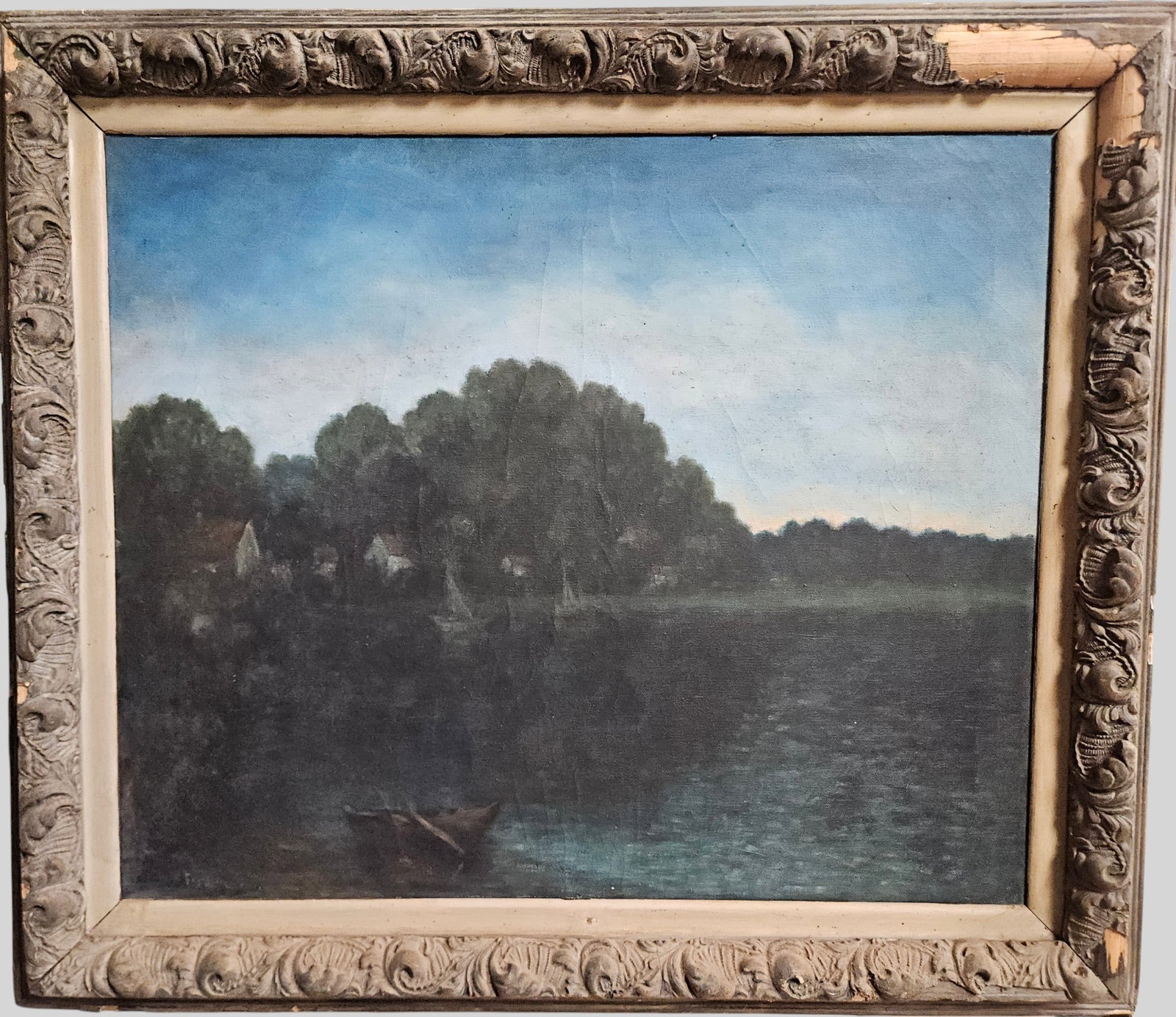 Oscar Fisher WPA Era Oil on Canvas Coastal Landscape: Oil on canvas, c1930s depicts a serene lake with a small boat near the shore. Framed, measures 29 x 25.5 inches, canvas measures 20 x 24 inches. Signed left right. Overall good condition, please see p