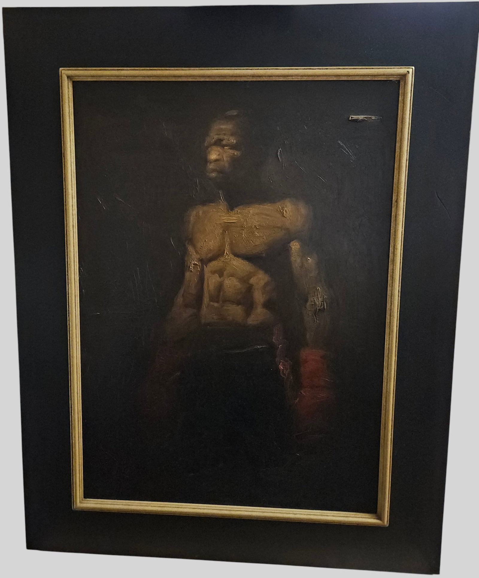 Steve Huston (American, b. 1959) Acrylic on Board 'Featherweight': Piece features a powerfully rendered, muscular boxer wearing red gloves, typical of Huston's career-defining thematic focus an athletes, prize fighters, and laborers. Gallery label on verso, as well