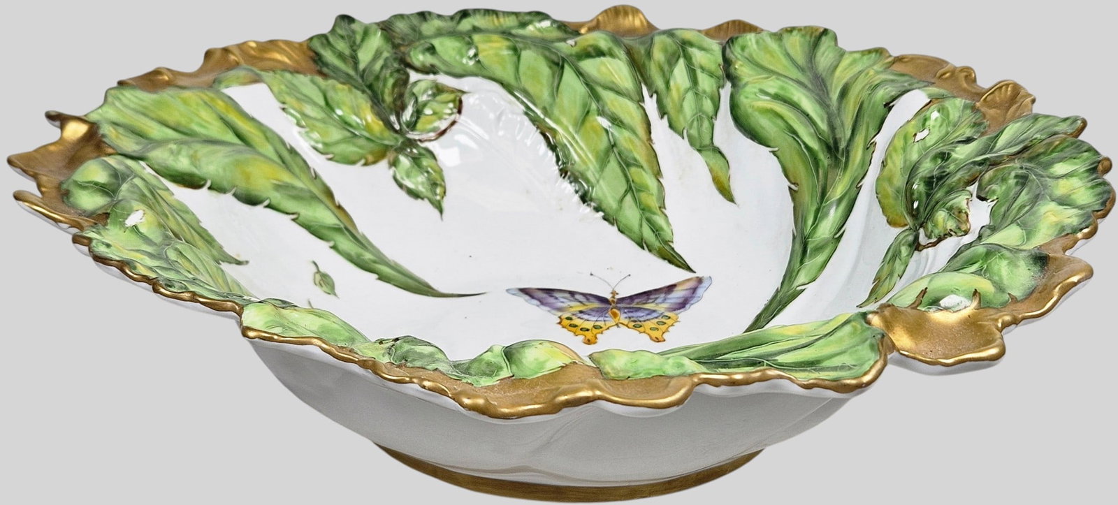 Anna Weatherley Hand Painted Porcelain Embossed 'Garden Party' Bowl: Exceptional white Hungarian porcelain serving bowl designed by international luxury designer Anna Weatherley, executing her discontinued and highly collectible 'Garden Party' Motif. Bowl measures 3.25