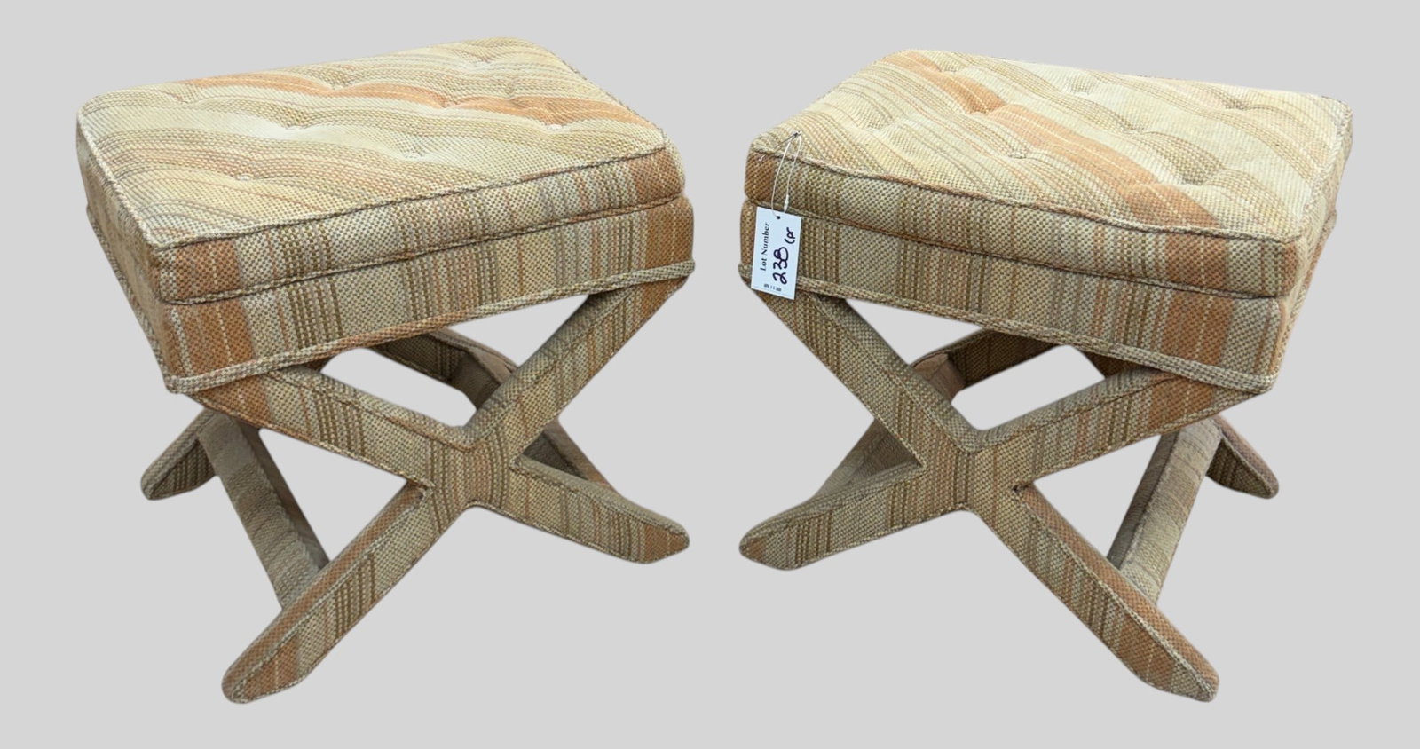 Pair Hollywood Regency Billy Baldwin Style Upholstered Stools (1 of 5)