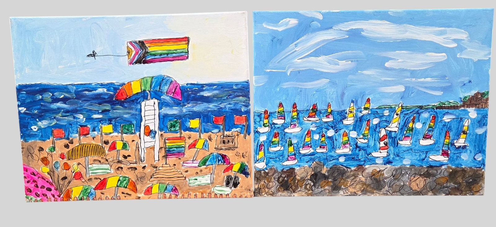 (2) Susan Brown (American, b. 1957) Acrylic on Canvas Long Island Outsider Art: Two consist of (2) acrylic on canvas paintings depicting the Great South Bay and Fire Island. (1) is noted on the back 'May 22, 2024, great south bay in Sayville facing west, the other 'June 18, 2024,
