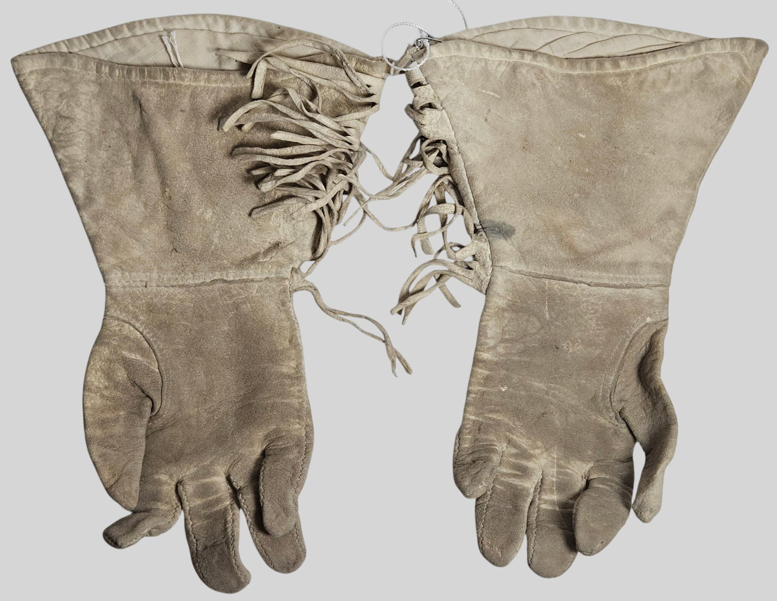 Pair Native American Beaded Buckskin Gauntlet Gloves - 2