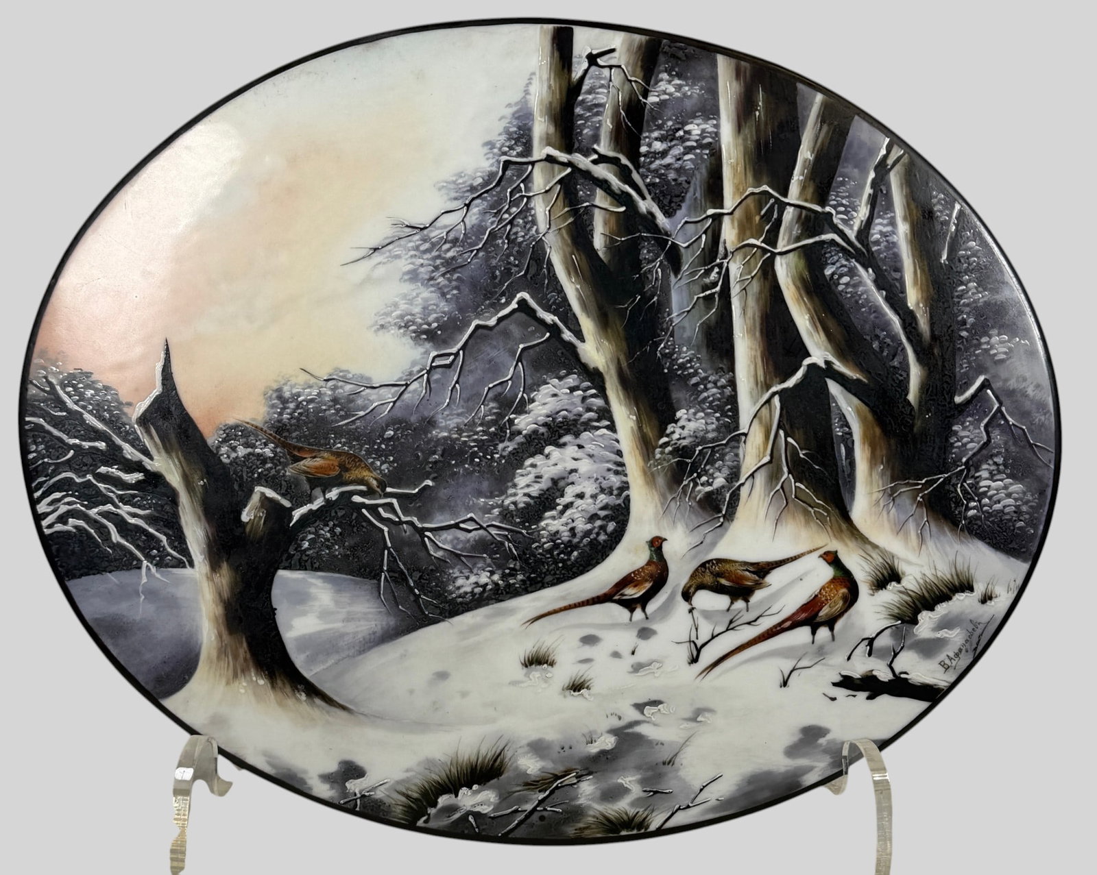 Hand Painted Russian Cabinet Plaque Winter Landscape by V. Afanasiev: This exceptional, hand-painted Russian cabinet plaque features a beautifully detailed trio of ring-necked pheasants foraging in a snow-covered winter forest, set against a soft evening sunset glow.