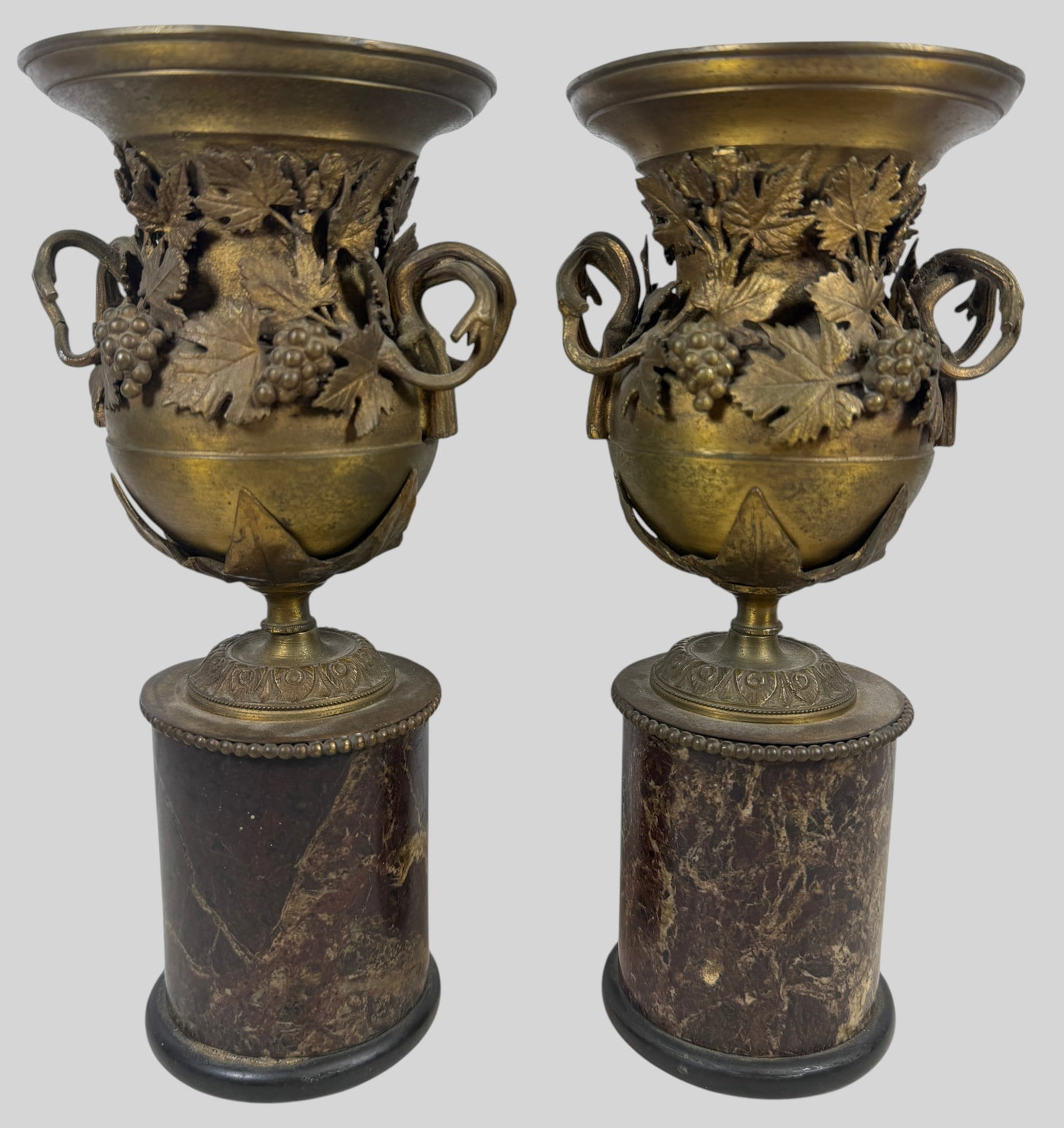 Pair 19th Century French Neoclassical Patinated Bronze & Rouge Griotte Marble Urns (1 of 5)
