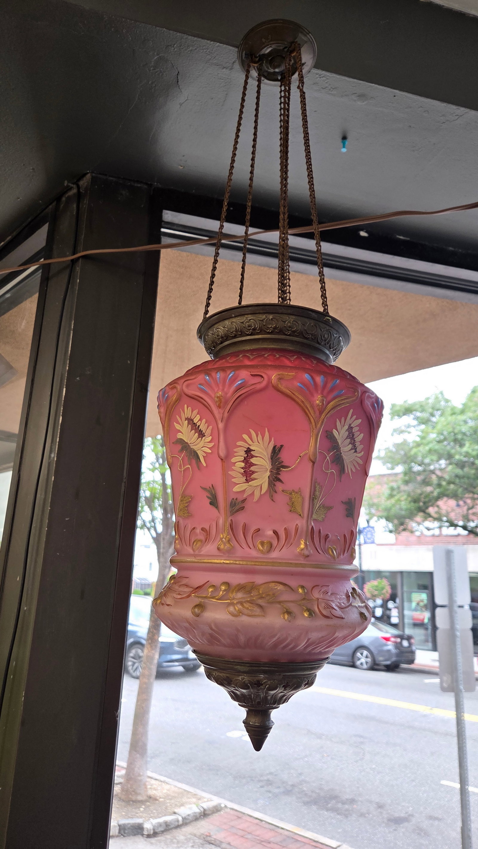 Victorian Pink Hand Painted Satin Glass Hanging 'Moonlight' Lantern Lamp (1 of 4)