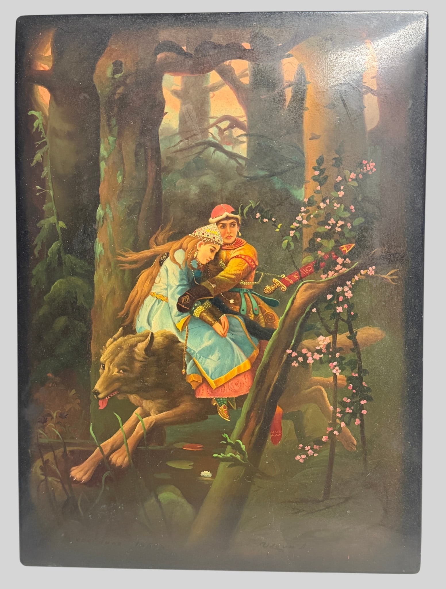 Large Vintage Russian Lacquer Dresser Box 'Ivan Tsarevich on the Grey Wolf': This beautiful vintage Russian lacquer box features a detailed, hand-painted miniature on the lid depicting the classic folklore scene "Ivan Tsarevich on the Grey Wolf," directly inspired by Viktor Va