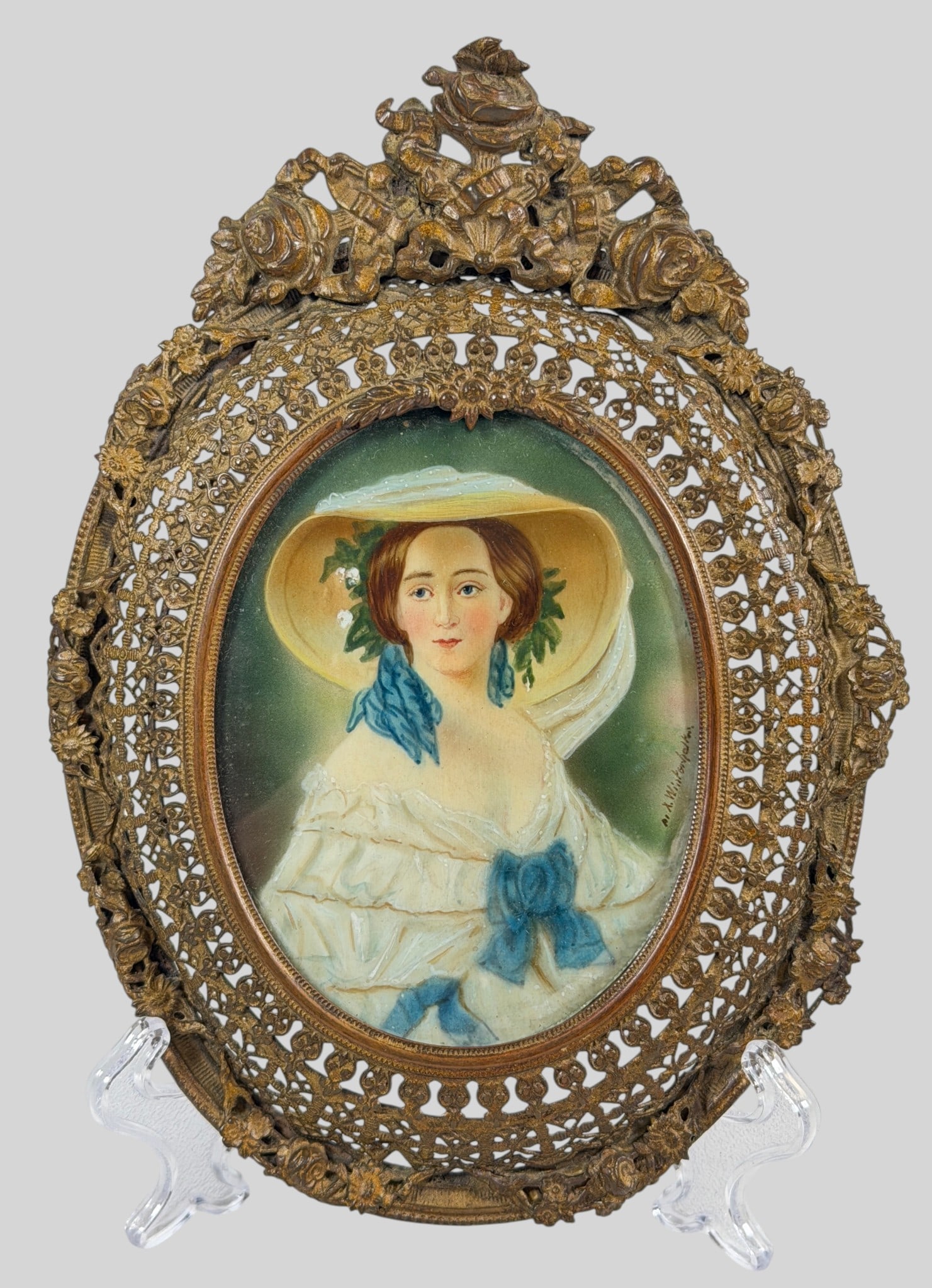 19th Century Hand Painted Portrait Miniature in Ornate Bronze Frame Signed (1 of 5)