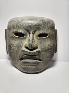 PRE-COLUMBIAN OLMEC TRANSFORMATION JAGUAR MASK: PRE-COLUMBIAN OLMEC TRANSFORMATION JAGUAR MASK MEASURAMENT:7 1/2" BY 7 1/2" 1200BC 400AD