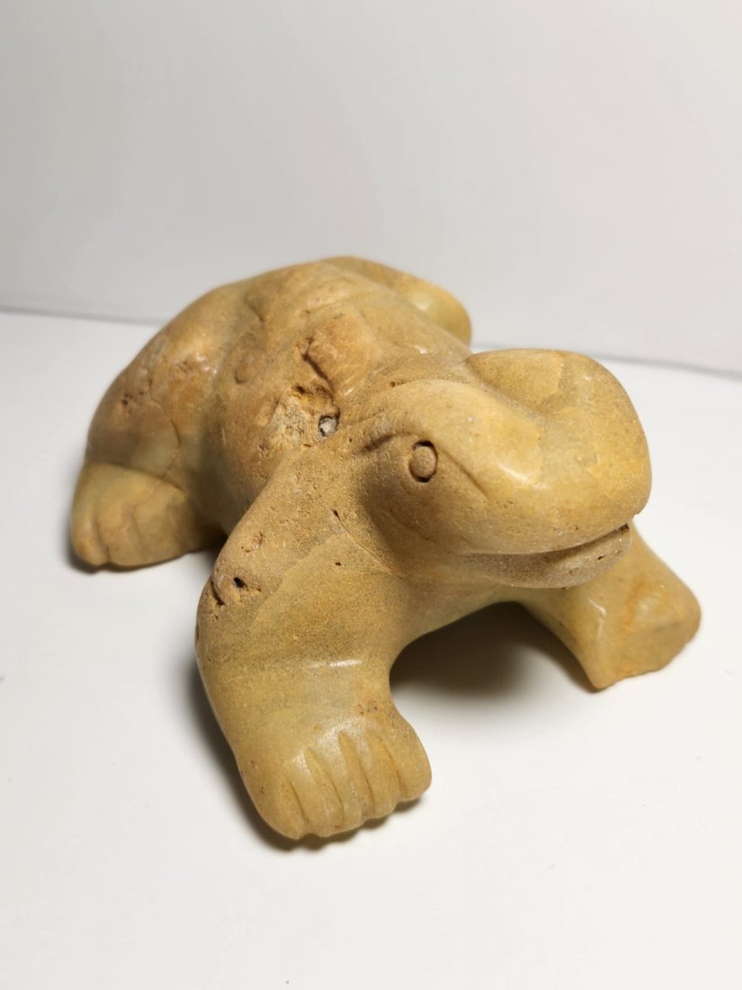PRE-COLUMBIAN OLMEC FROG WITH GLYPH: PRE-COLUMBIAN OLMEC GREEN ALABASTER FROG WITH GLYPH MEASURAMENT: 4" BY 3 1/2" 1200BC 400AD
