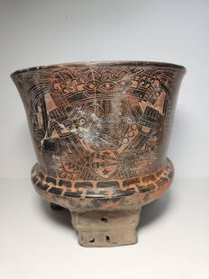 PRE-COLUMBIAN TERRACOTTA TEOTIHUACAN URN WITH GLYPHS: PRE-COLUMBIAN TERRACOTTA TEOTIHUACAN URN WITH GLYPHSMEASURAMENT: 7 1/4" BY 8" DIAMETER700AD-1200AD