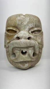 PRE-COLUMBIAN JADE OLMEC JAGUAR TRANSFORMATION MASK: PRE-COLUMBIAN JADE OLMEC JAGUAR TRANSFORMATION MASKMEASURAMENT: 7" HIGH , 5 1/2"WIDE, 4'DEEP 300BC-400AD