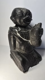 RARE PRE COLUMBIAN TOLTEC BLACK STONE FIGURE OF A DRUNK MAN