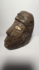 PRE COLUMBIAN TOLTEC STONE BAT HEAD WITH TURQUOISE,BONE AND OBSIDIAN INLAY