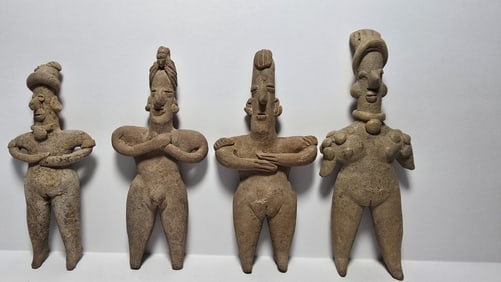 PRE COLUMBIAN WEST COAST TERRACOTTA STANDING GROUP OF FOUR FIGURINES