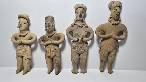 PRE COLUMBIAN WEST COAST TERRACOTTA STANDING FAMILY OF FOUR FIGURINES