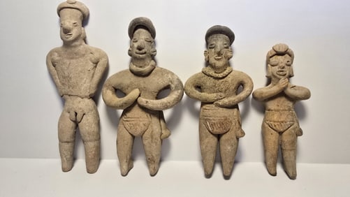 PRE COLUMBIAN WEST COAST TERRACOTTA STANDING GROUP OF FOUR FIGURINES
