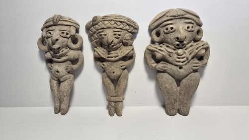 PRE COLUMBIAN CHUPICUARO TERRACOTTA STANDING GROUP OF THREE WOMEN FIGURES