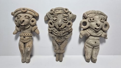 PRE COLUMBIAN CHUPICUARO TERRACOTTA STANDING GROUP OF THREE WOMEN FIGURES