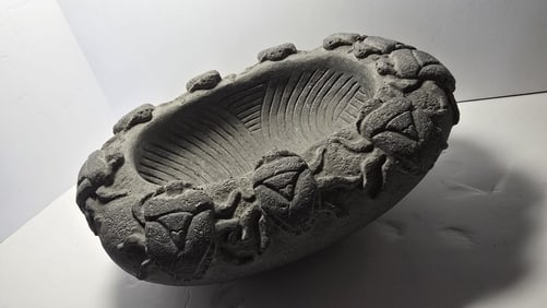 PRE-COLUMBIAN MIXTEC BASALT CEREMONIAL CONTAINER WITH BEETLE MOTIFS