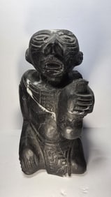 PRE-COLUMBIAN TOLTEC BLACK STONE “DRUNK MAN” FIGURE — PULQUE CEREMONIAL ICON