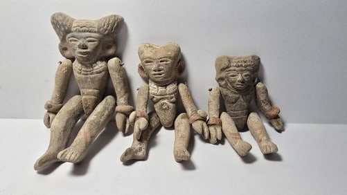 PRE-COLUMBIAN TEOTIHUACAN RARE TERRACOTTA ARTICULATED DIGNITARY FAMILY OF THREE