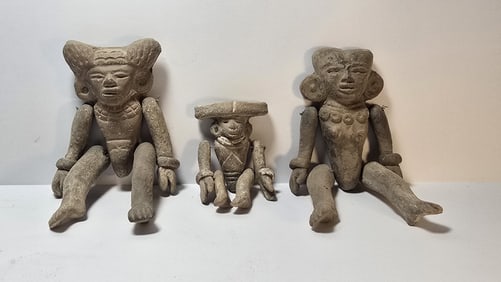 PRE-COLUMBIAN TEOTIHUACAN RARE TERRACOTTA ARTICULATED DIGNITARY FAMILY OF THREE