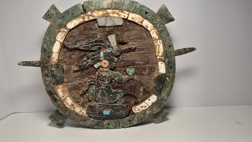 RARE AND EXCEPTIONAL PRE-COLUMBIAN MAYAN DIGNITARY MIRROR WITH PYRITE, JADE, WOOD, AND SHELL