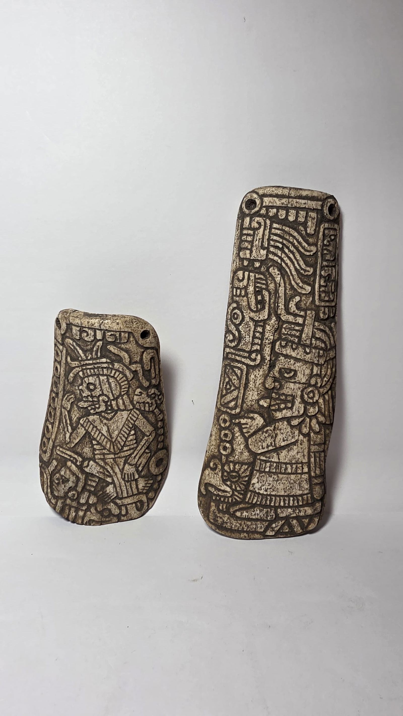 PRE-COLUMBIAN AZTEC PAIR OF BONE PENDANTS WITH GLYPHS, CODEX TYPE (1 of 8)