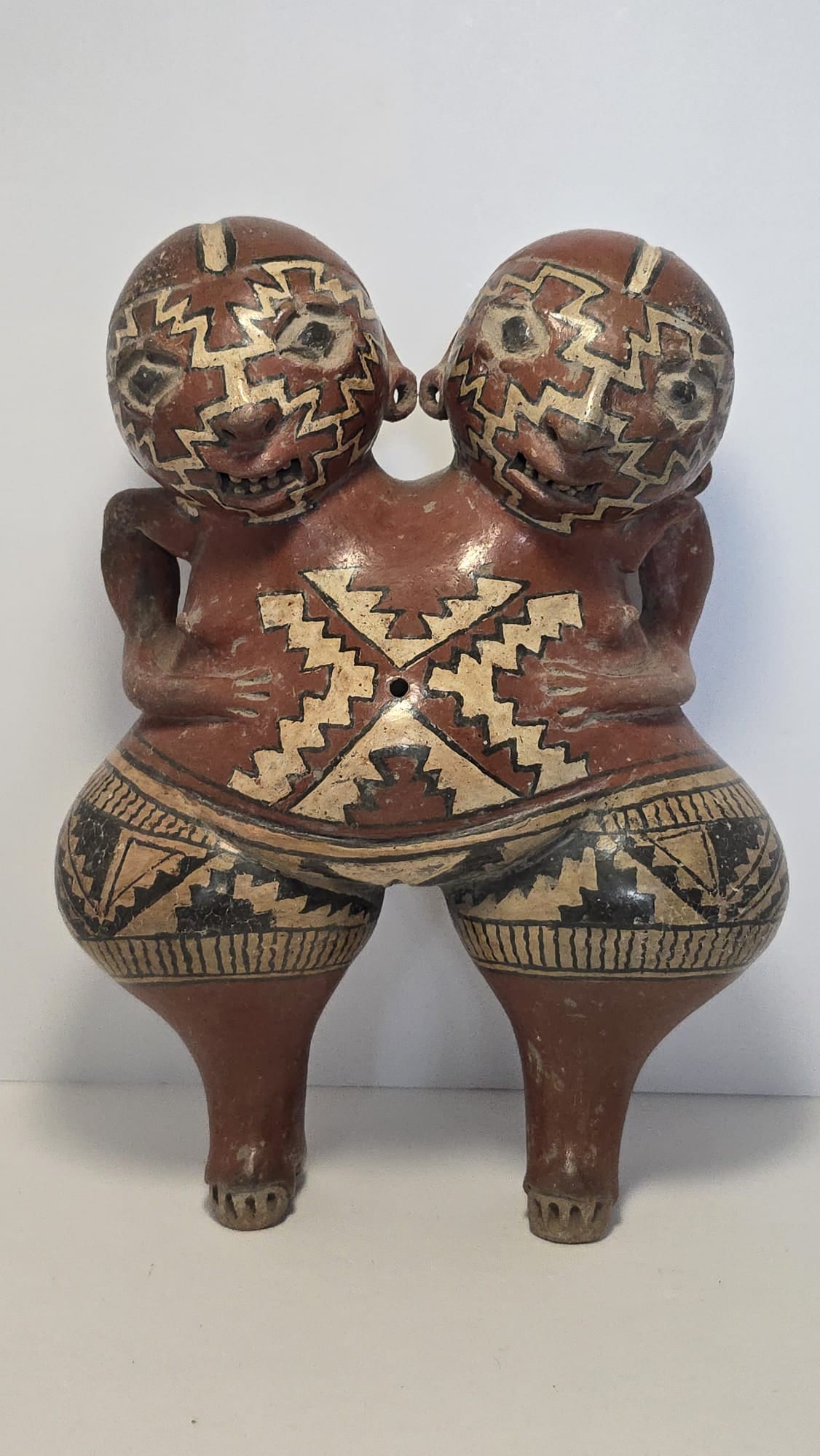 RARE PRE-COLUMBIAN CHUPICUARO TWO-HEADED FEMALE DEITY STANDING FIGURE: RARE PRE-COLUMBIAN CHUPICUARO TWO-HEADED FEMALE DEITY STANDING FIGUREA rare and striking terracotta standing female deity figure from the Chupícuaro culture, dating from 800 BC to 400 BC. This except
