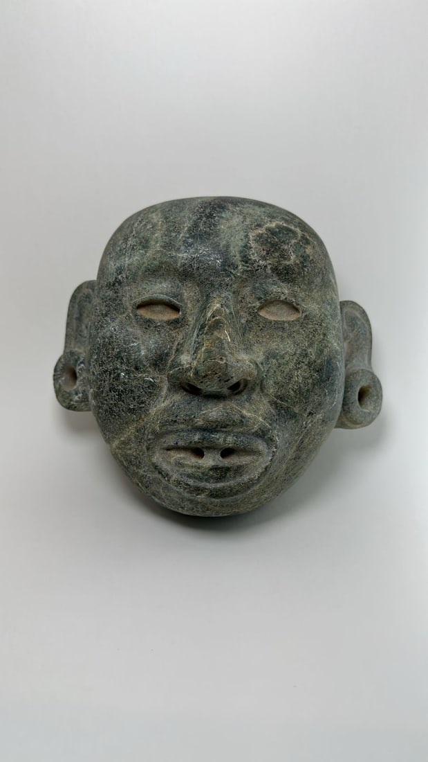 PRE-COLUMBIAN AZTEC JADE XIPE TOTEC FUNERARY MASK WITH GLYPH ON REVERSE (1 of 10)