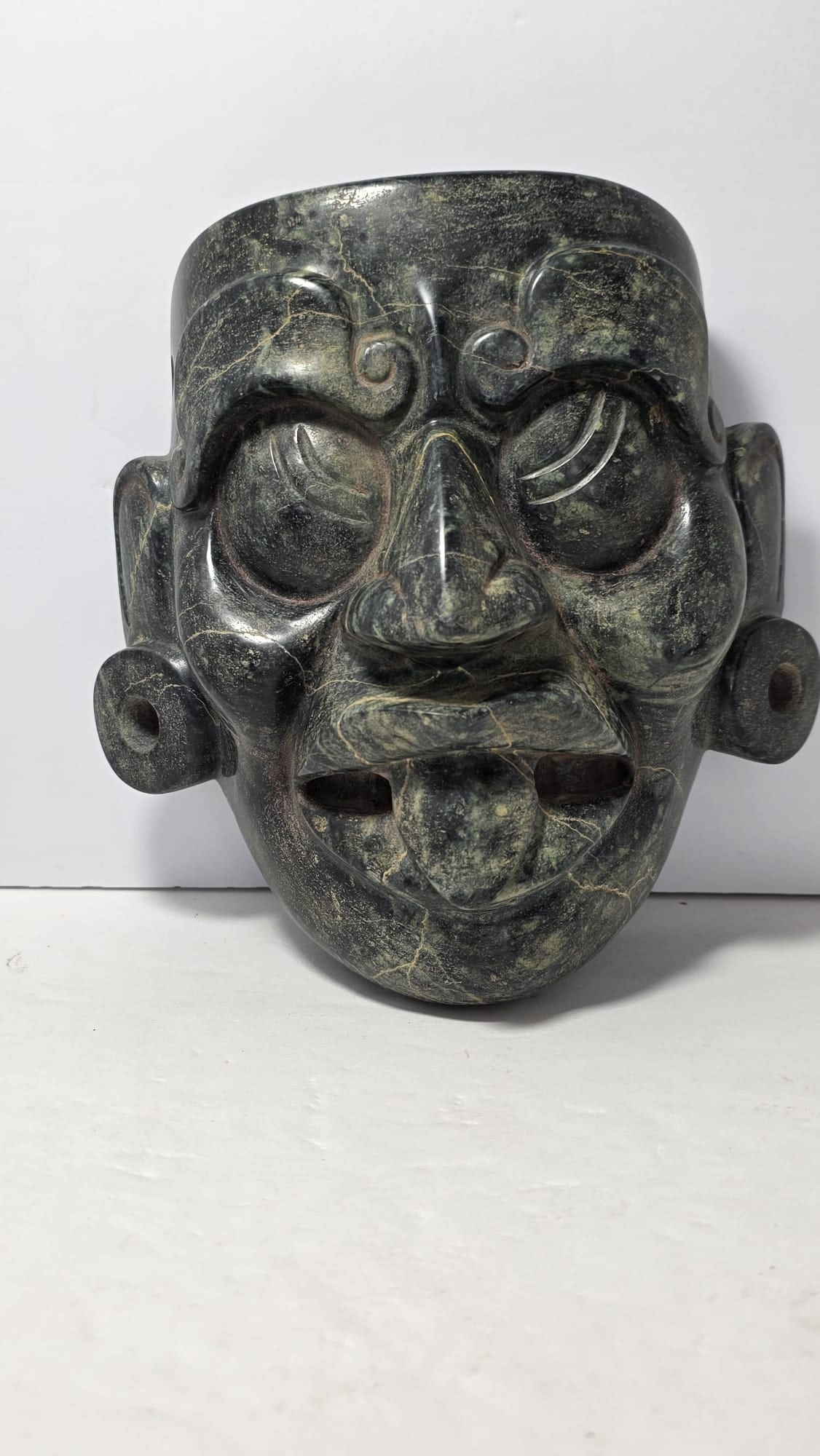 PRE-COLUMBIAN MAYAN SERPENTINE CHAAC GOD FUNERARY MASK (1 of 9)