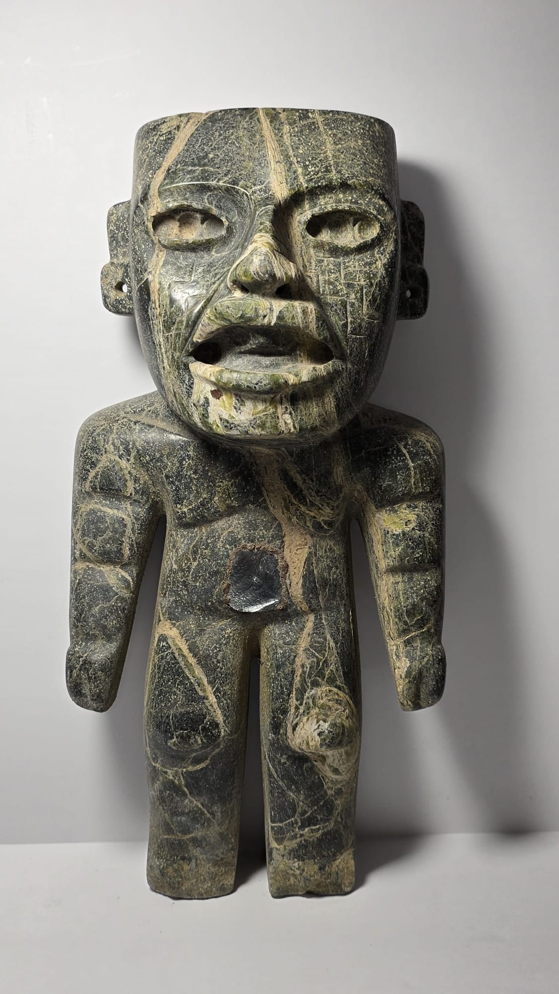 PRE-COLUMBIAN TEOTIHUACAN SERPENTINE STANDING FIGURE WITH PYRITE INLA (1 of 9)