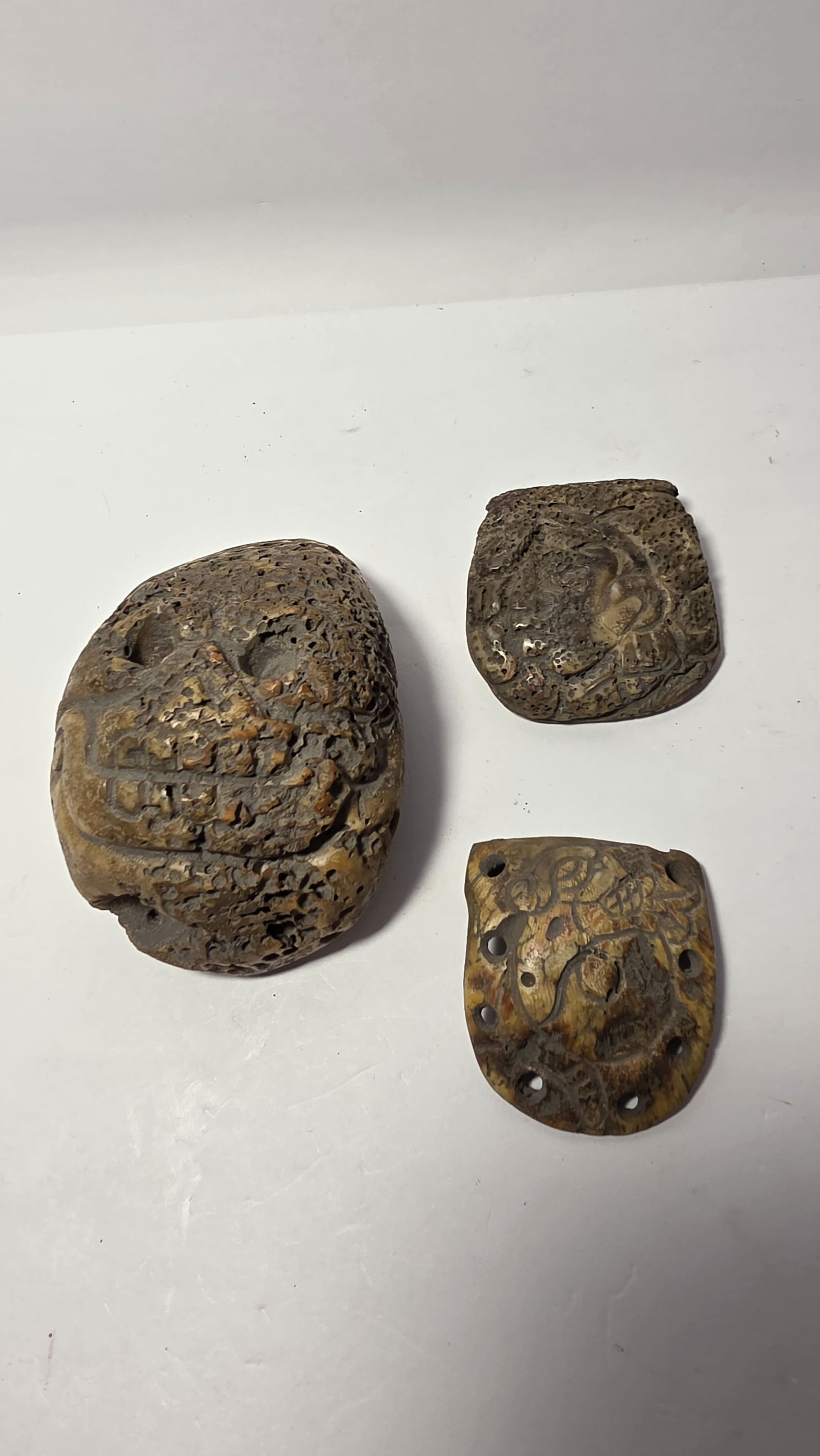 PRE-COLUMBIAN GROUP OF THREE MAYAN CARVED SHELL PENDANTS: PRE-COLUMBIAN GROUP OF THREE MAYAN CARVED SHELL PENDANTSPre-Columbian group of three Mayan carved shell pendants, dating approximately 700 AD – 1200 AD (Late Classic to Early Postclassic period). Sh