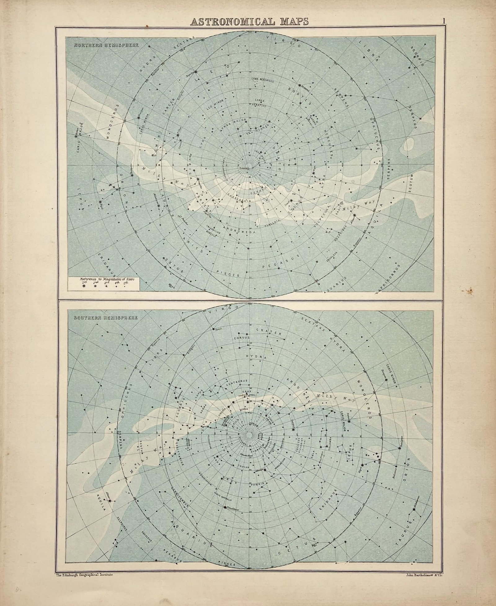Antique Astronomical Map - Northern & Southern Hemispheres - John Bartholomew (1 of 2)