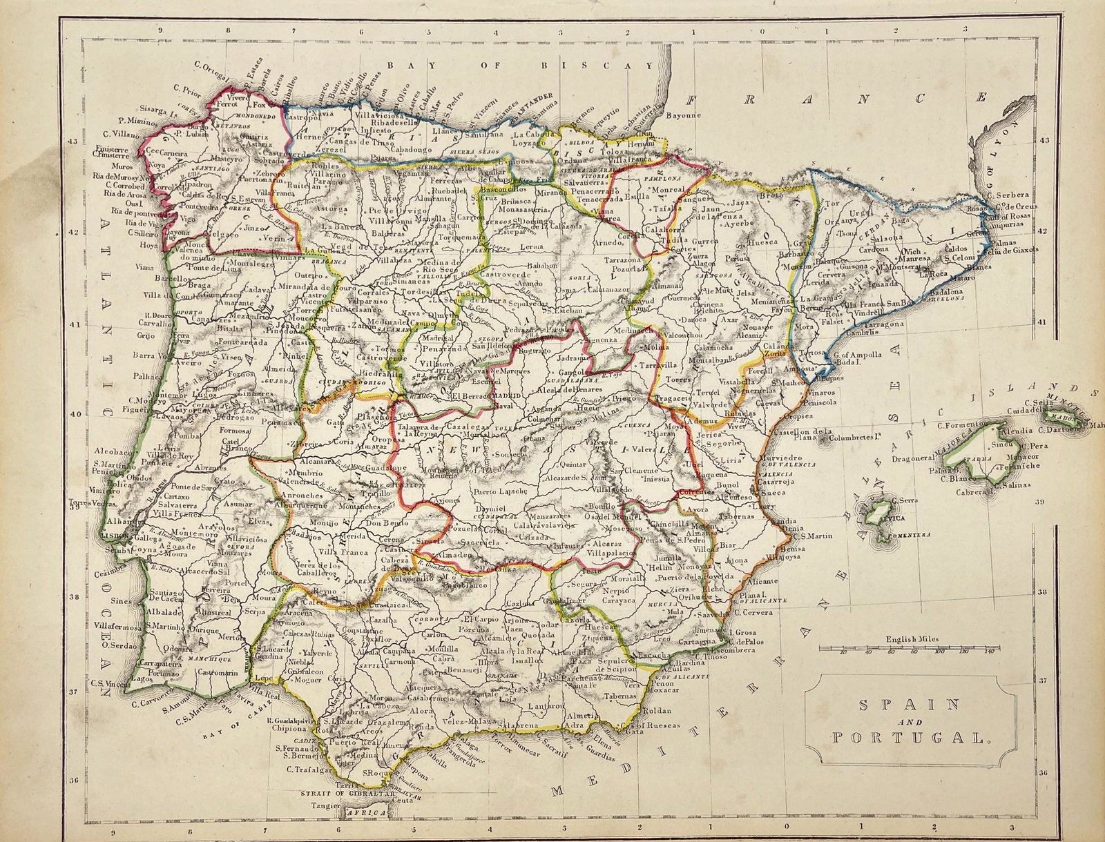 Antique Map - Map of Europe - Map of Spain & Portugal - Madrid - Lisbon - Barcel: Antique map of Spain & Portugal by Becker, published in London, c 1860. This antique map was engraved by the omnigraph method by Francis Paul Becker & Company, Patentees circa 1842, with contemporary 