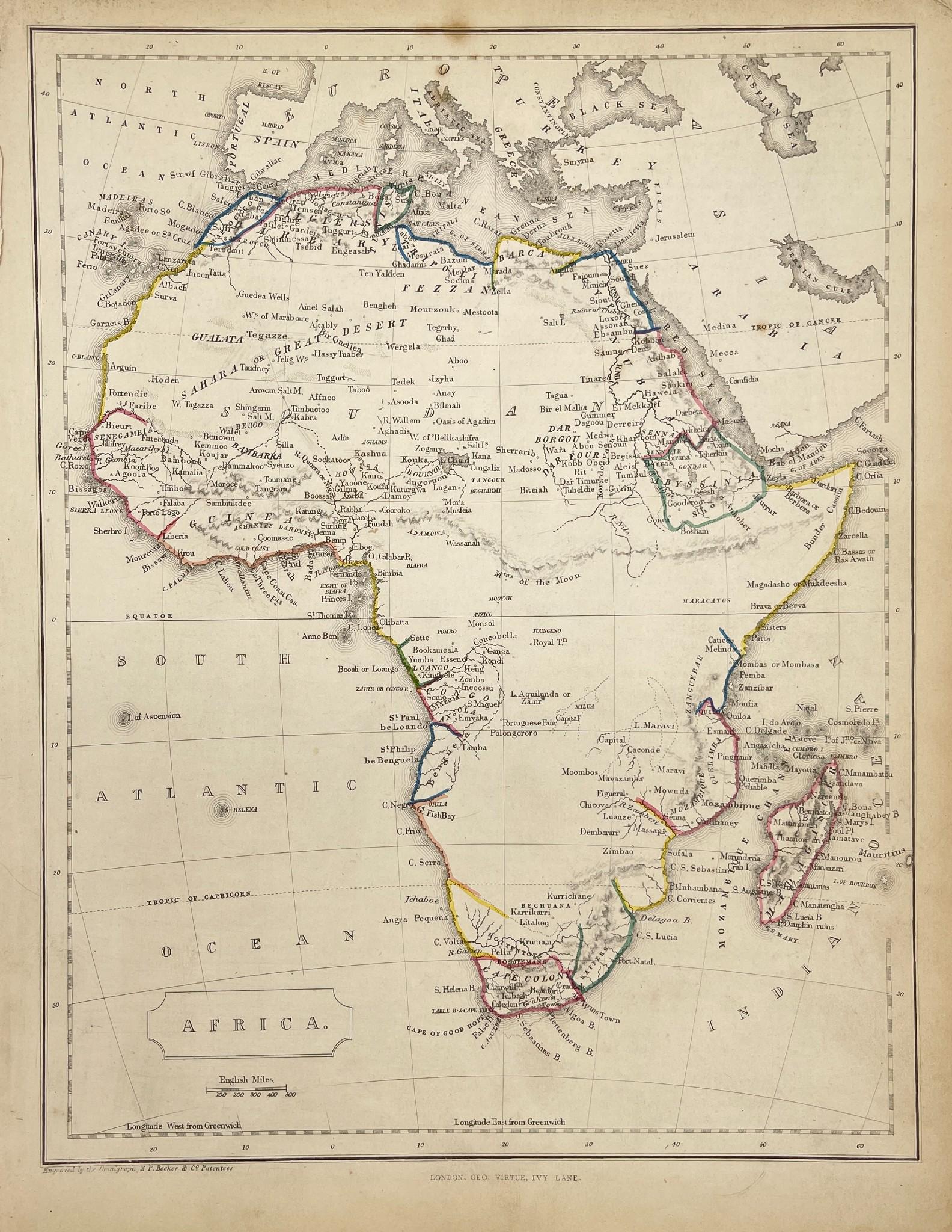Antique Map of Africa - Morocco - Madagascar - Angola - Zimbabwe - Uganda: Antique map of Africa by Becker, published in London, c 1860. This antique map was engraved by the omnigraph method by Francis Paul Becker & Company, Patentees circa 1842, with contemporary hand colou