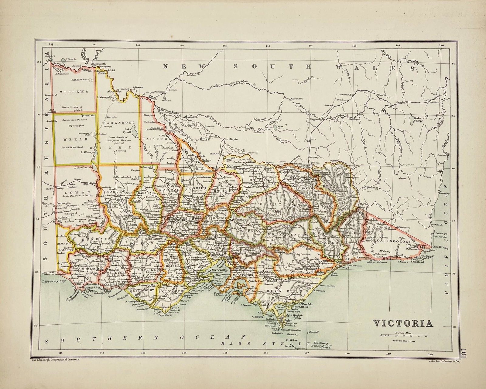 Antique Map of Oceania - Map of Australia - Victoria - John Bartholomew: Antique map by John Bartholomew & Co for The Edinburgh Geographical Institute. Large chromolithographed map. Technique: Chromolithography. Date: 1880. Artist: John George Bartholomew and Son. Place: E