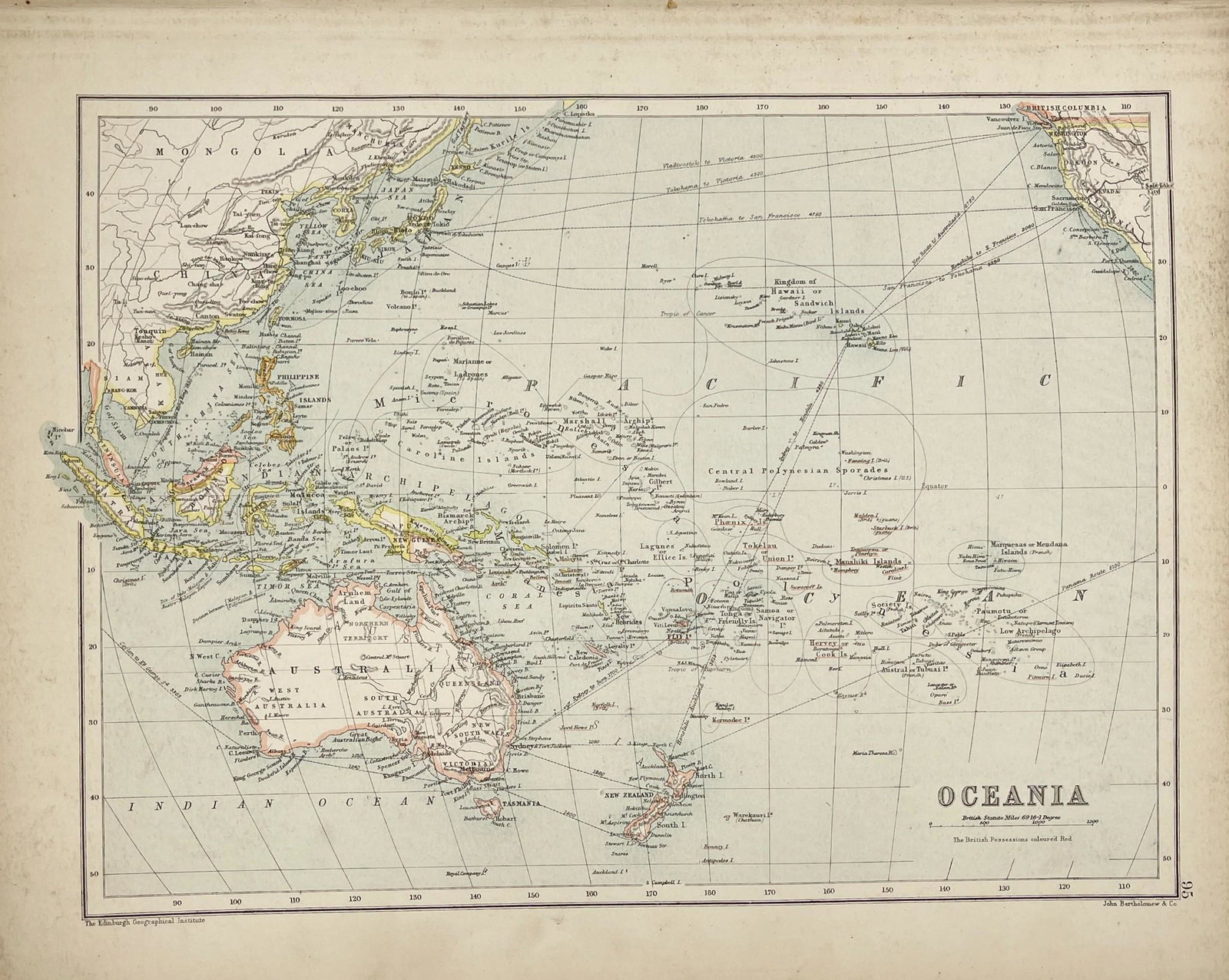 Antique Map of Oceania - Map of Australia, New Zealand - John Bartholomew: Antique map by John Bartholomew & Co for The Edinburgh Geographical Institute. Large chromolithographed map. Technique: Chromolithography. Date: 1880. Artist: John George Bartholomew and Son. Place: E