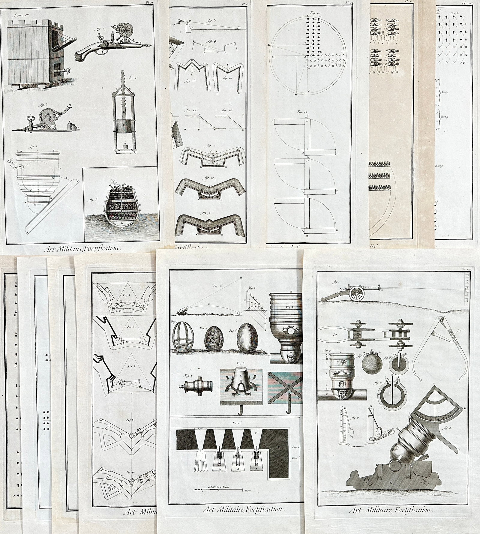 Denis Diderot (1713-1784) & Jean Le Rond d’Alembert - Set of 10 Military Prints - Empty frame [for: This engravings is from Denis Diderot & Jean Le Rond D'Alembert’s work ”Receuil de planches sur les scienses, les arts liberaux et les mechaniques" published in Paris by Briasson in 1762, is a