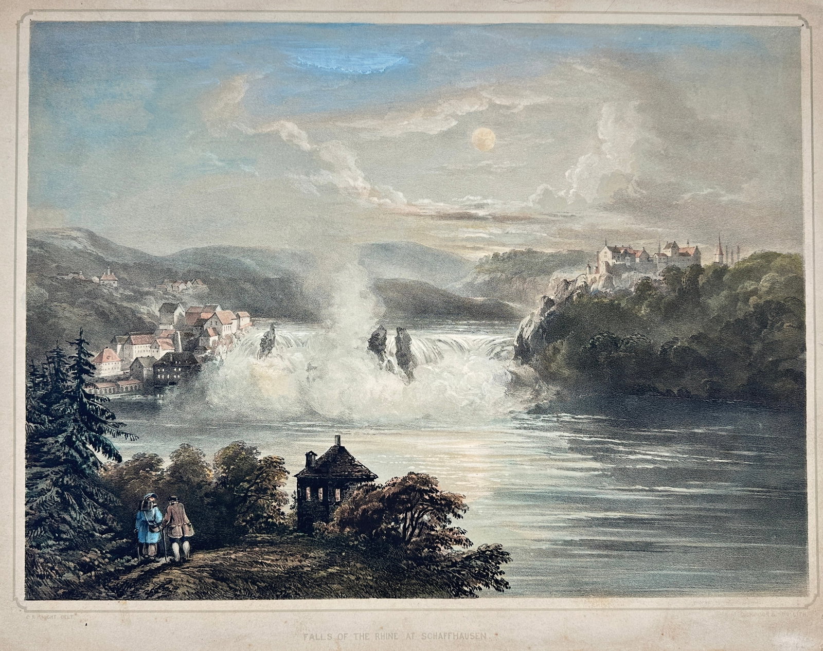 C. R. Knight - Falls of the Rhine at Schaffhausen - Switzerland: Antique print, 'Falls of the Rhine at Schaffhausen,' captures the majestic beauty of the Rhine Falls in Schaffhausen, Switzerland. Illustrated by C. R. Knight and meticulously lithographed by Jackson 