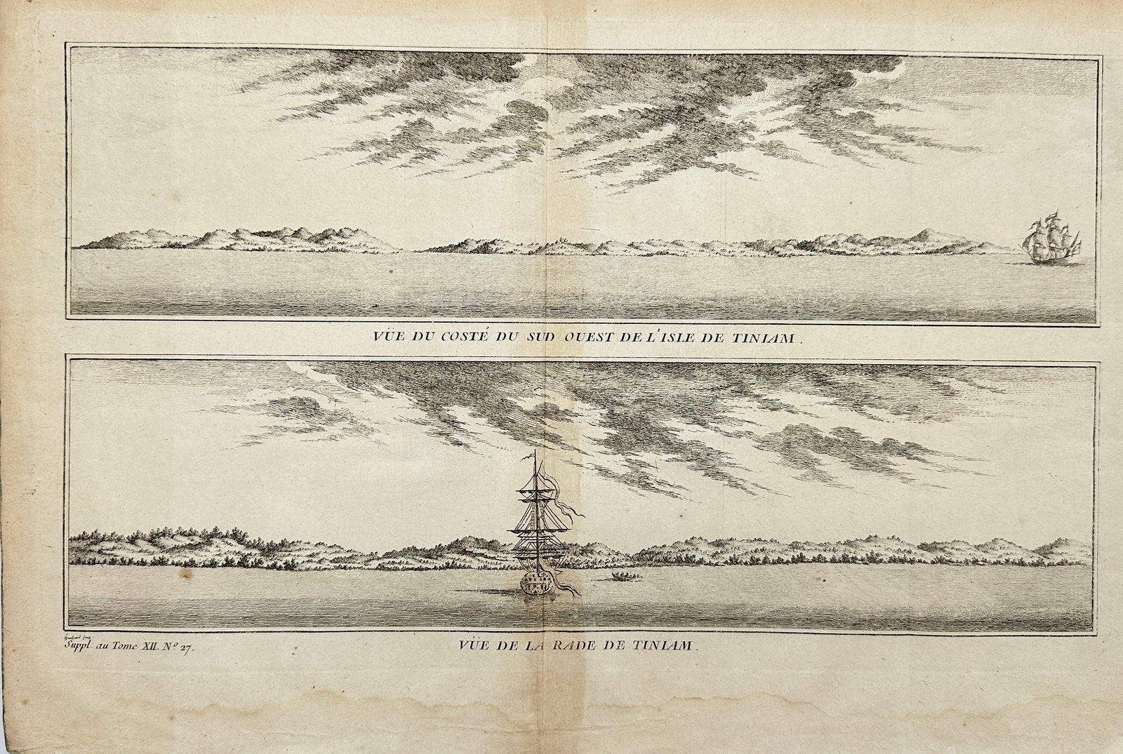 Jacques Nicolas Bellin - Antique Map - Vue de la Rade de Tiniam, double antique coast view of the: Vue de la Rade de Tiniam, double antique coast view of the Mariana Island. The islands were named after the influential Spanish queen Mariana of Austria. Jacques Nicolas Bellin (1703 – 21 March 1772
