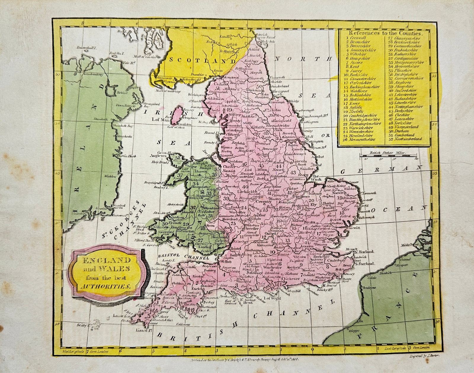 J. Barlow - Antique Map of England and Wales: Antique map of England and Wales by J. Barlow. Size: 27 cm x 21 cm