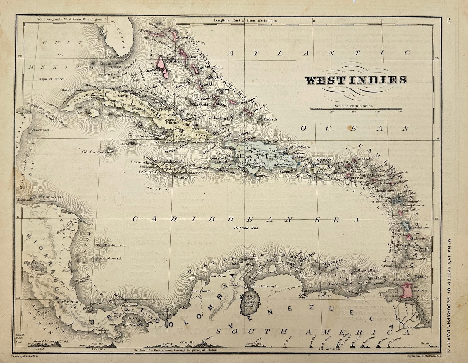 Francis McNally - Antique Map of West Indies: This is a fine example of McNally's System of Geography by: Francis McNally, published by A.S. Barmes & Co. in 1875. This atlas was made for schools, academies, and seminaries to teach students about 