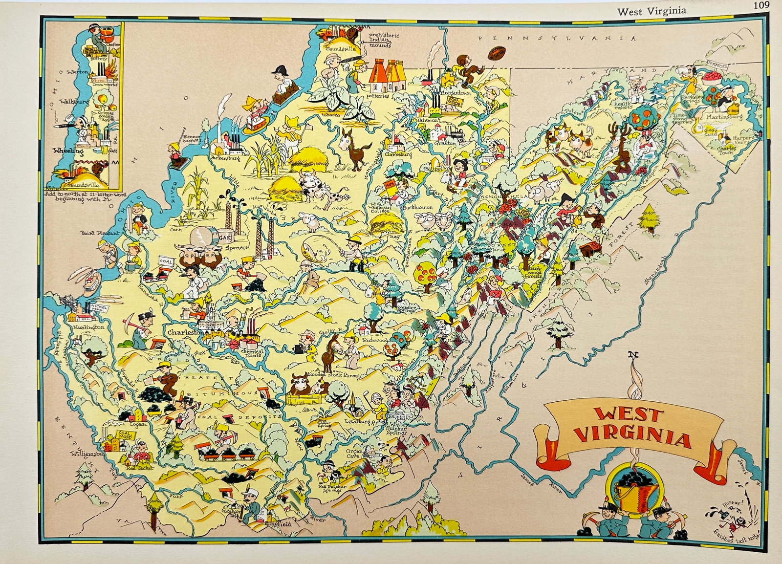 Ruth Taylor - Map of West Virginia, United States: 1930's Vintage WEST VIRGINIA State Map. Ruth Taylor maps present an exciting entertaining view of the individual states at a time when things were a little more freestyle in the realm of political cor